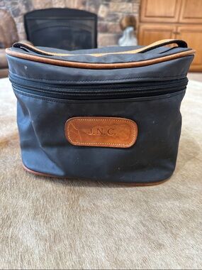 Jon Hart Design Black Large Toiletry Bag with Brown Leather Trim